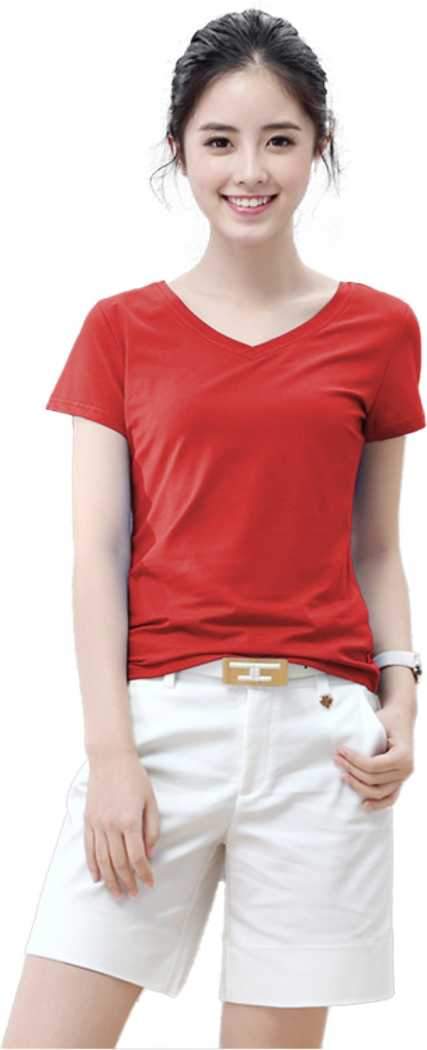 Solid Women V Neck Red T-Shirt